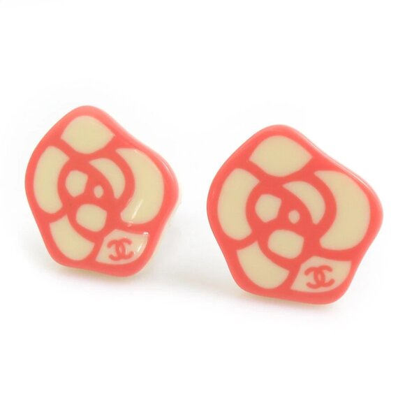 Auth CHANEL Camellia CC Logo Earrings Off White/Pink/Gold Resin/Metal - Picture 1 of 8